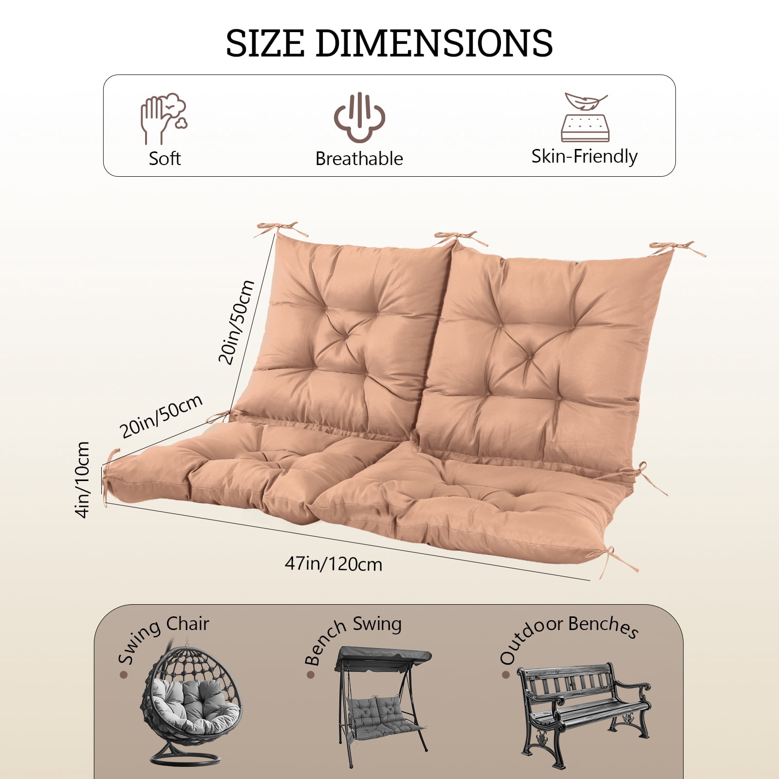 Outdoor Bench Cushion Inlife Swing Chair Cushion Waterproof with 8 Nonslip Ties, Khiki 120cm*100cm