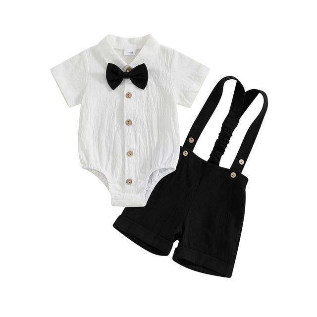 Conjunto de 3 piezas para bebé niño: traje de caballero, color liso, manga corta, cuello con solapa, shorts con tirantes y pajarita.