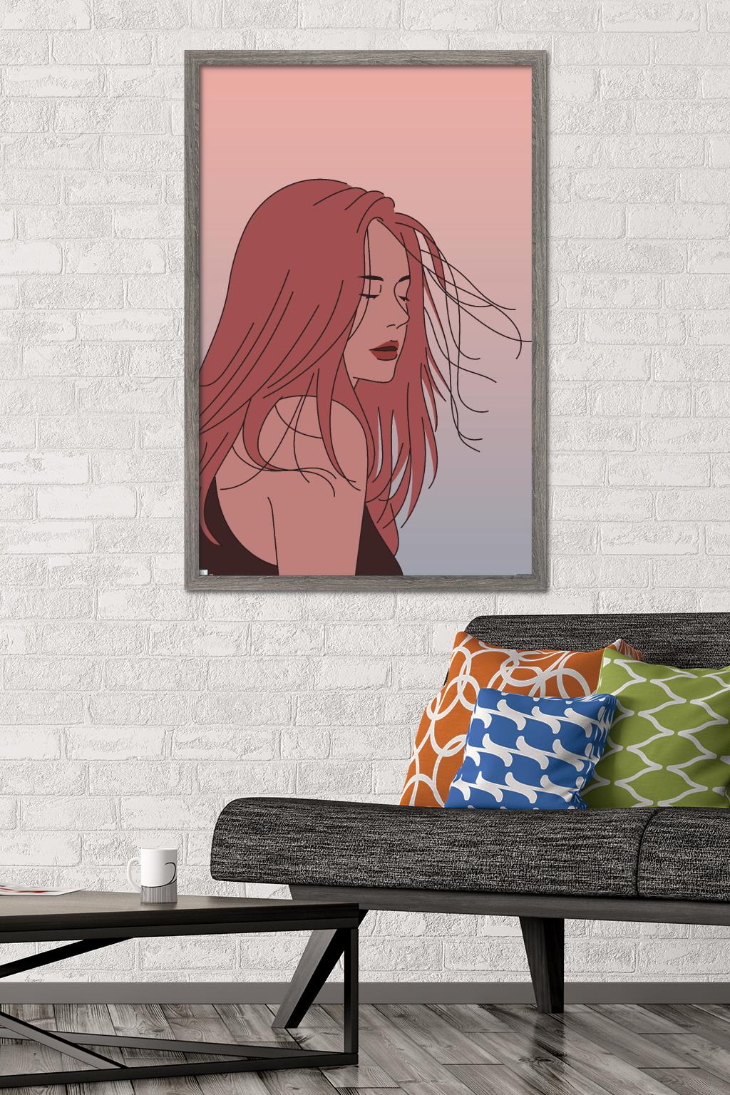 Hand Drawn Woman With Blowing Hair Wall Poster, 22.375" x 34" Framed