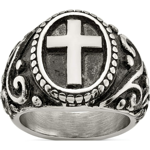 Stainless Steel Antiqued And Polished Cross Ring (Size 11) Made In China sr638-11