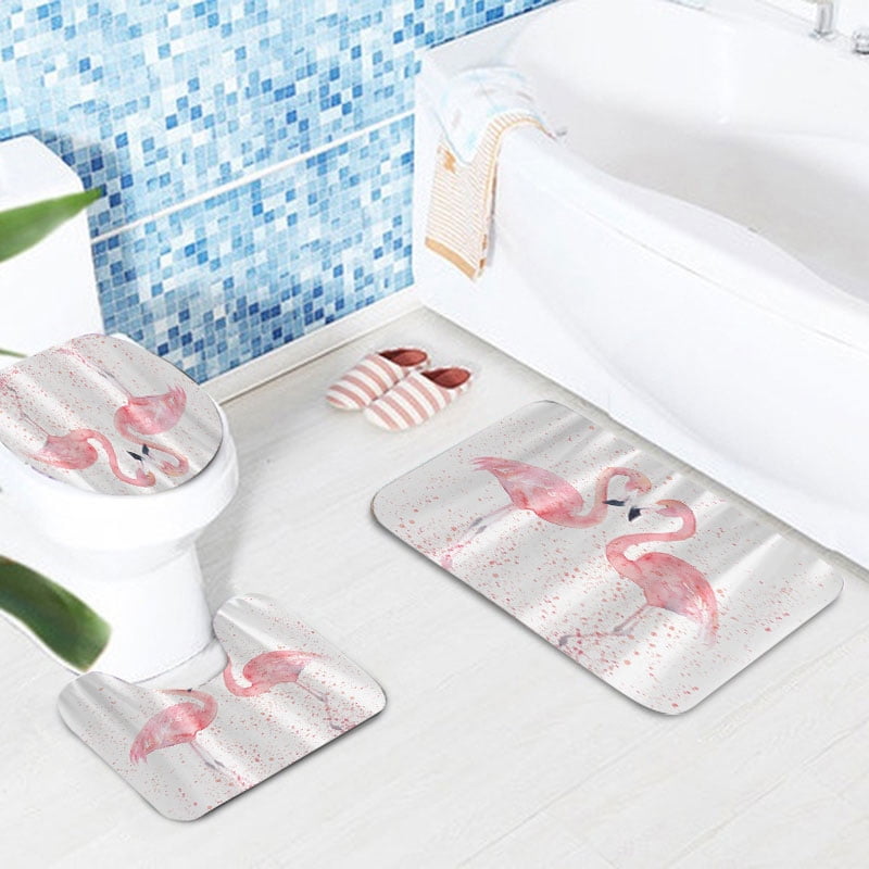 Cartoon Flamingo Shower Curtain Bath Mat Toilet Cover Rug Bathroom Decor Set 