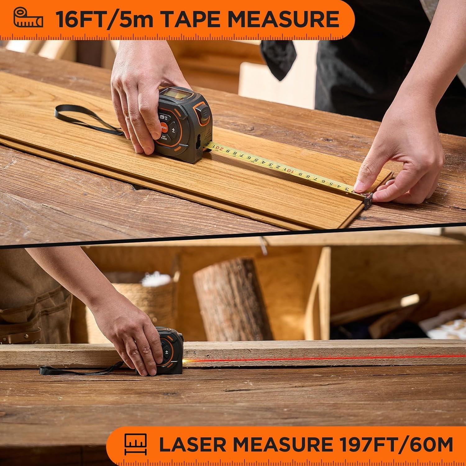 Laser Tape Measure 2-in-1, 197Ft Laser Distance Meter & 16Ft Digital Tape Measure, with LCD Display,Area/Volume Calculation, USB-C Rechargeable for Woodworking and Construction
