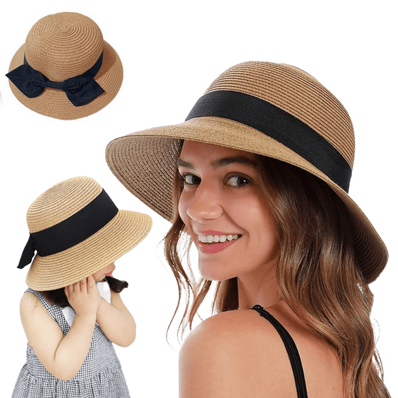 Yoyauz Parent Child Straw Hat, Wide Brimmed Bow Hat, Beach Sun Hat, Girl And Lady