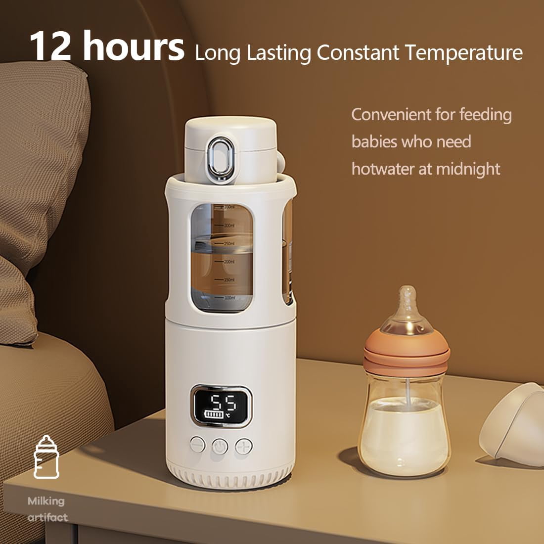 Temperature Control Milk Warmer,Portable Heating Cup with LCD Display 37°C-55°C Water Warmer for Instant breastmilk, Formula with 12 Ounces Big Capacity