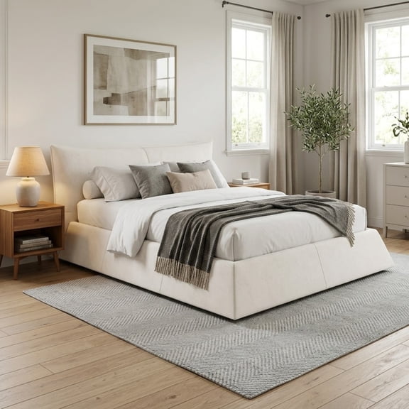 King Size Upholstered Platform Bed with Special Shaped Velvet Headboard, Modern Low Profile Bed with Solid Wood Frame and Slats Support for Bedroom