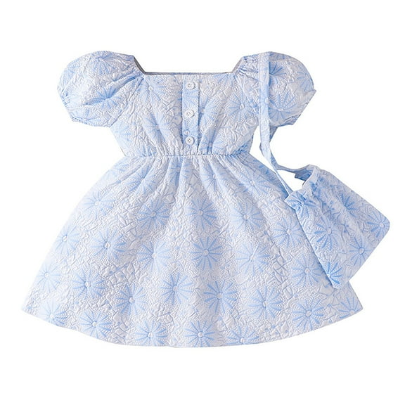 PINQI Princess Little Girls Sundress Toddler Girls Bubble Sleeve A Collar Button Crushed Light Blue Princess Dress With Crossbody Bag