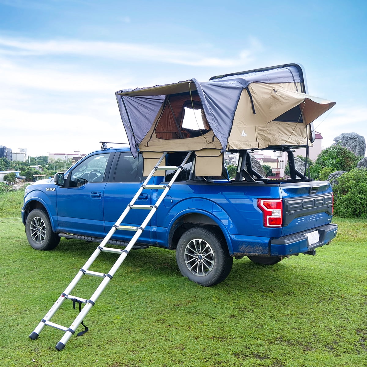WOLFSTORM Universal HardShell Roof Top Tent Outdoor Camping Rooftop Tent Waterproof Tent with Ladder and Sunroof Off-Road Tent for 2-3 Adults Fit Truck SUV Camping