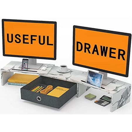 WESTREE Dual Monitor Stand Riser with Drawer-Monitor Stand Riser for 2 Monitors, Adjustable Length and Angle, 2 Phone Hold,Desktop Organizer Stand for Computer/Laptop/PC/Printer