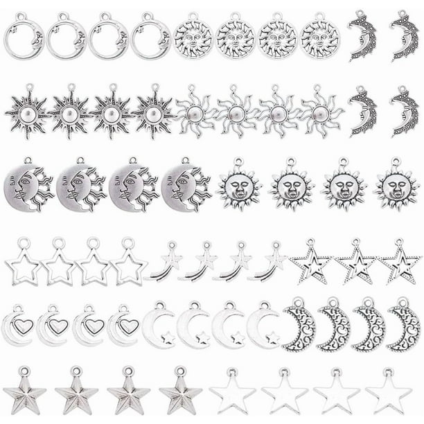 1 caja con 15 dijes colgantes de sol, luna y estrellas para hacer aretes, collares y pulseras. Materiales para la creación de joyas. Color plata.