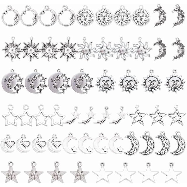1 caja con 15 dijes colgantes de sol, luna y estrellas para hacer aretes, collares y pulseras. Materiales para la creación de joyas. Color plata.