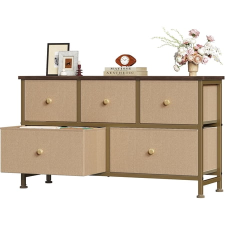Casabay 5 Drawer Dresser Wide Chest of Drawers Storage Tower with Fabric Drawers and Wood Top for Bedroom Living Room Hallway Khaki