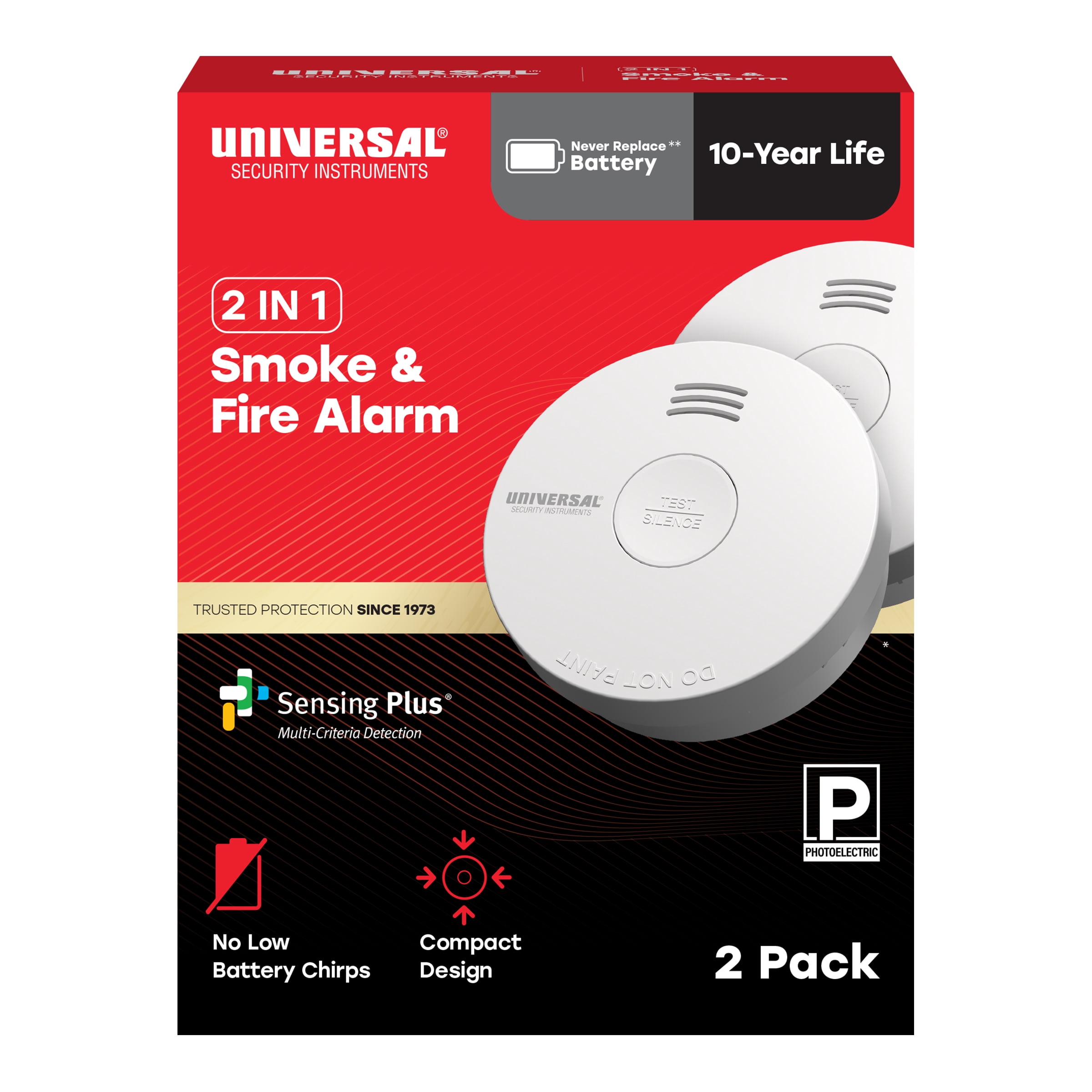 Universal Security Instruments 2 IN 1 10-Year Battery Smoke & Fire Alarm, 2-Pack