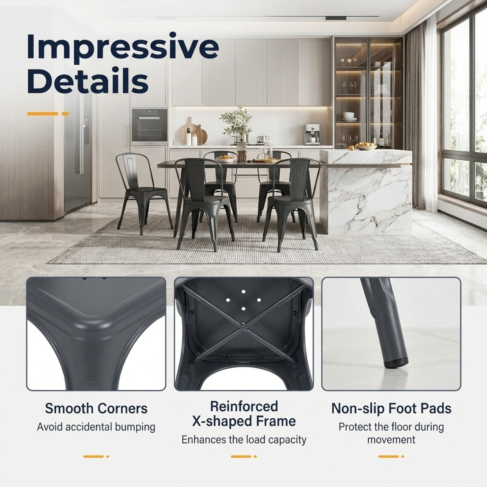 Furnibear Metal Dining Chairs Set of 4 with Removable Backrest for Dining Room Restaurant Living Room-Gun for Kitchen Dining Room Living Room, Gray