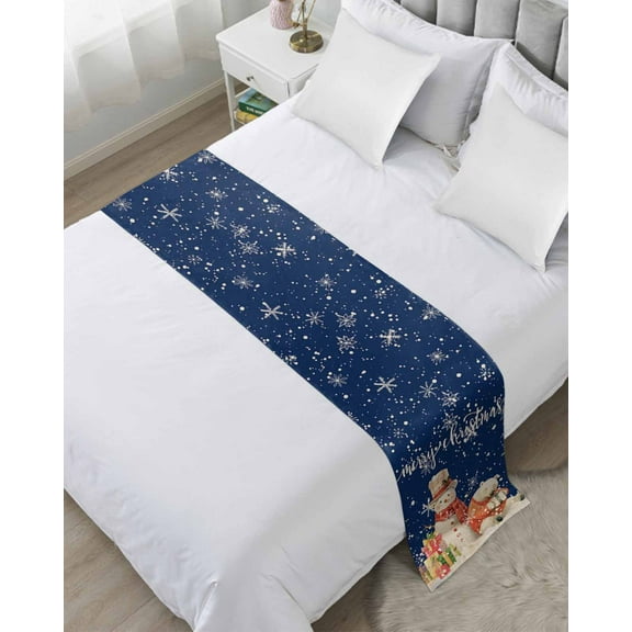 Bed Runner Scarf Cal King Size, Blue Christmas Stain Bed Runners & Scarves for Foot of Beds, Xmas Snowman Bear Snowflake Decorative Bedding Runner Scarf for Hotel Home Bedroom