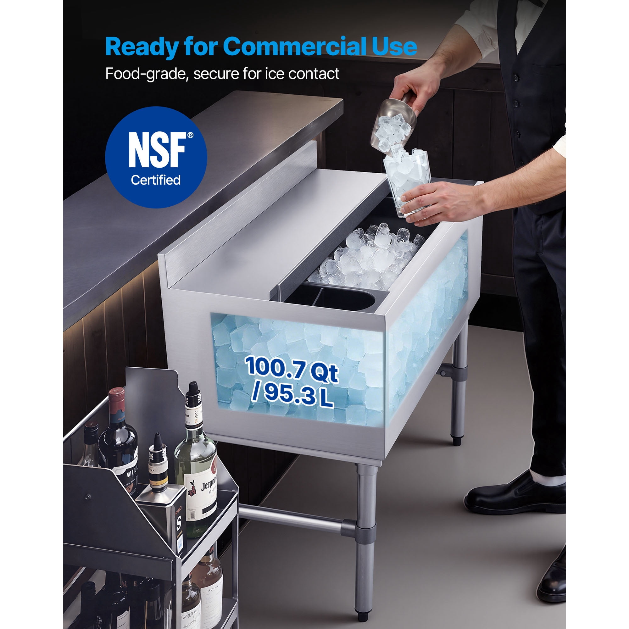 KFFKFF Commercial Ice Bin, 100.7 Qt Capacity, 36 x 19 x 33 Inch Stainless Steel Ice Chest with Sliding Lid and Bottle Holders, Cooler Cart for Bar, Restaurant, or Pub, NSF Certified