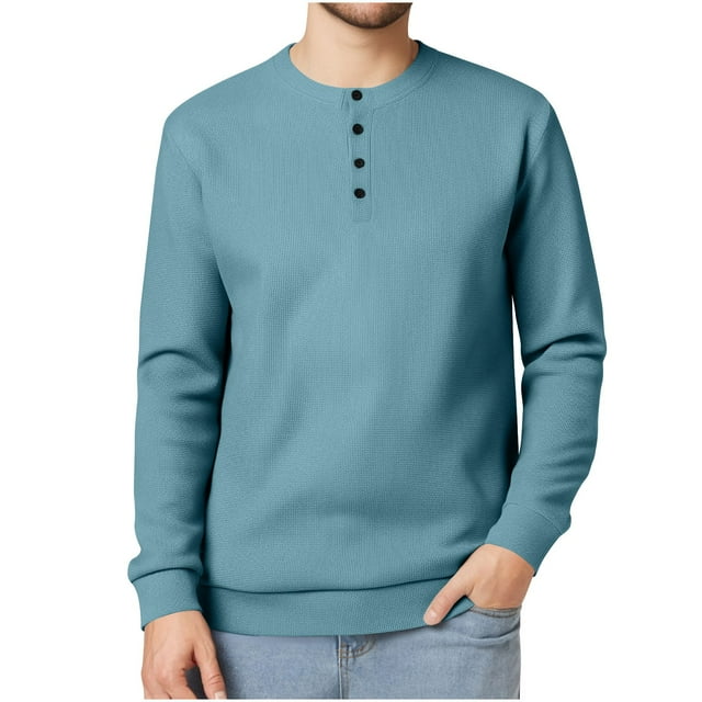 UAMVSH Men's 1/4 Button Sweatshirts Soft Fall Long Sleeve Pullover Knitted Sweaters Crew Neck Casual Thermal Solid Color Tops(Small,Sky Blue 2)