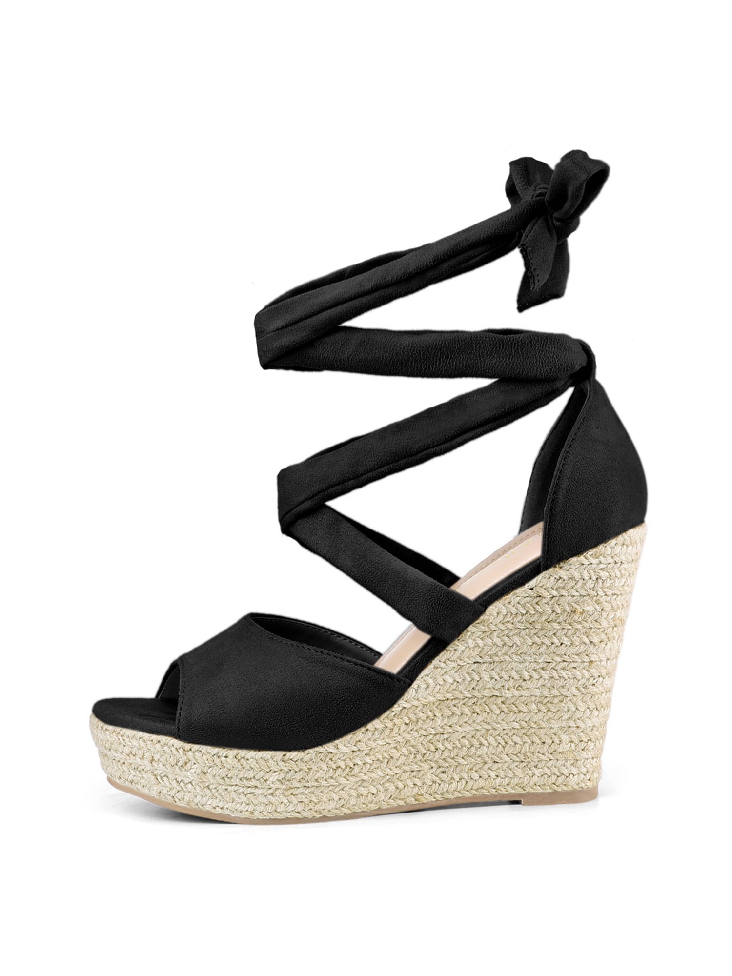 DARING DIVA Women's Lace Up Espadrilles Platform Wedges Sandals Black 8.5