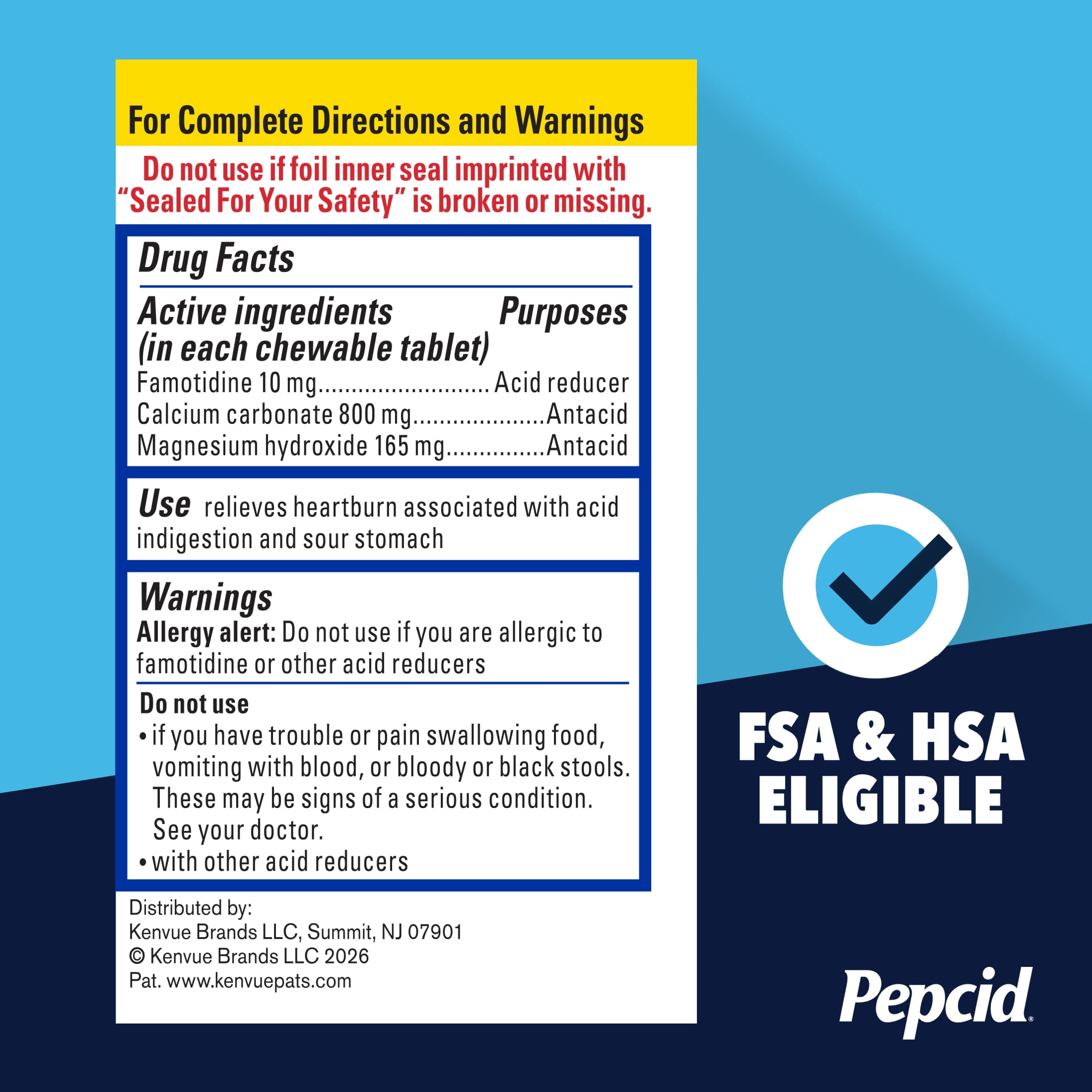 Pepcid Complete Acid Reducer + Antacid Famotidine Chews, Mint, 50 Count