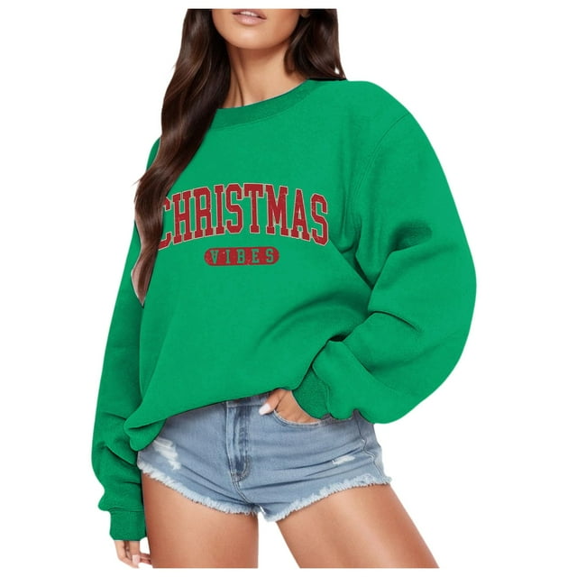 VBARHMQRT Chandail à Capuche Vert pour Femmes à Manches Longues Col Rond Imprimé de Noël Léger
