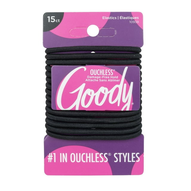 Goody Ouchless black hair elastics in a pack of 15, featuring damage-free hold packaging with purple and pink branding.