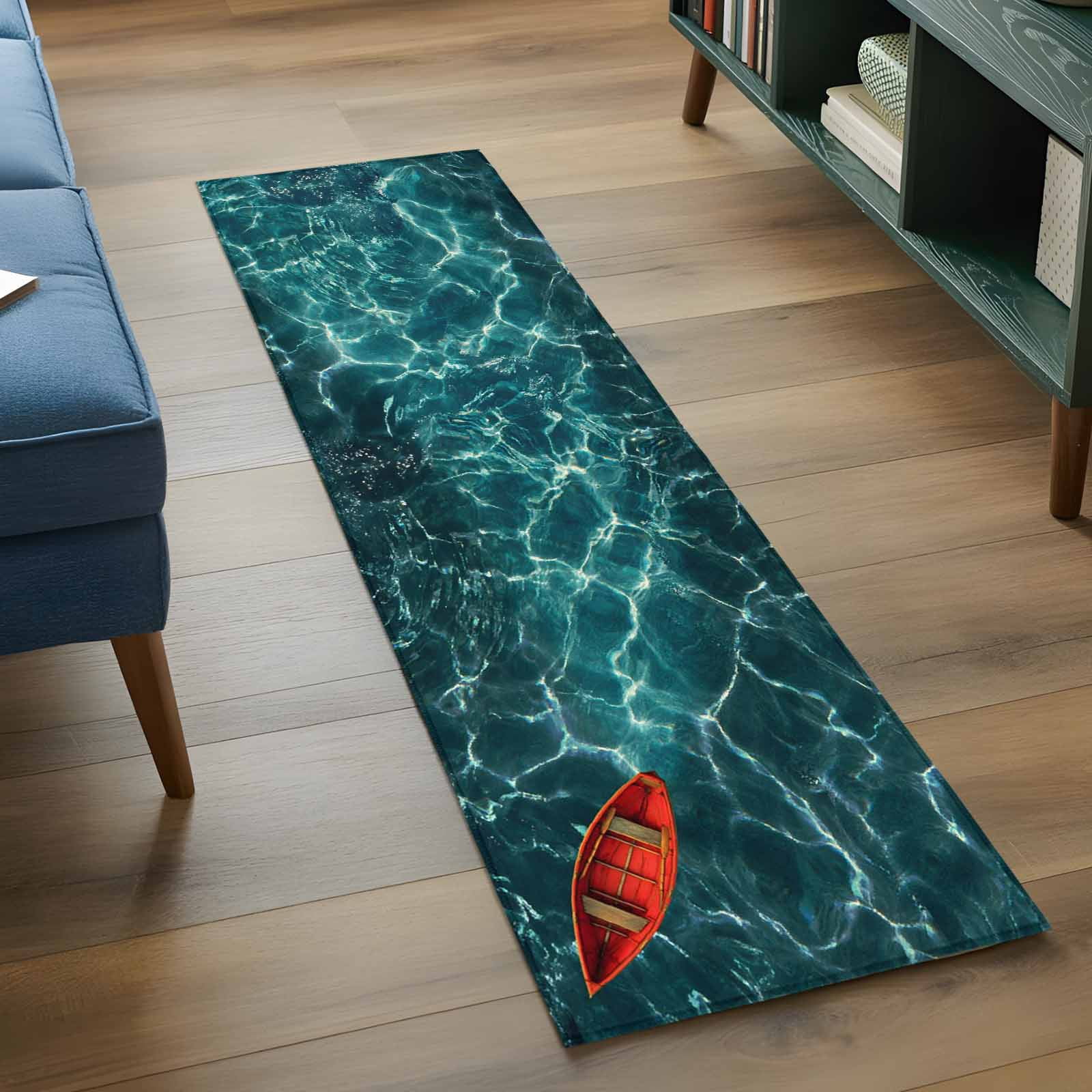 Teal Green Ocean Waves 2'x6' Runner Rugs for Hallway Kitchen Bedside Non Slip Washable, Red Boat Coastal Entryway Rug Runners with Rubber Backing, Long Carpet Runner for Laundry Room