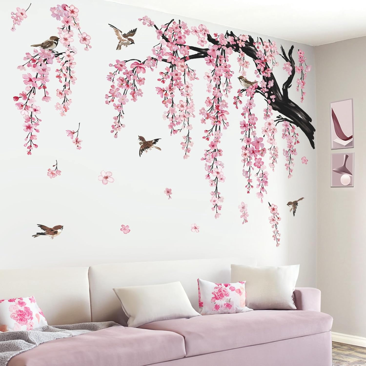 Large Flower Tree Branch Wall Stickers Flower Wall Stickers plant wall decal Pink Cherry Blossom Floral Birds Wall Art Decals Peel and Stick Removable Wall Stickers for Living Room Bedroom TV Wall