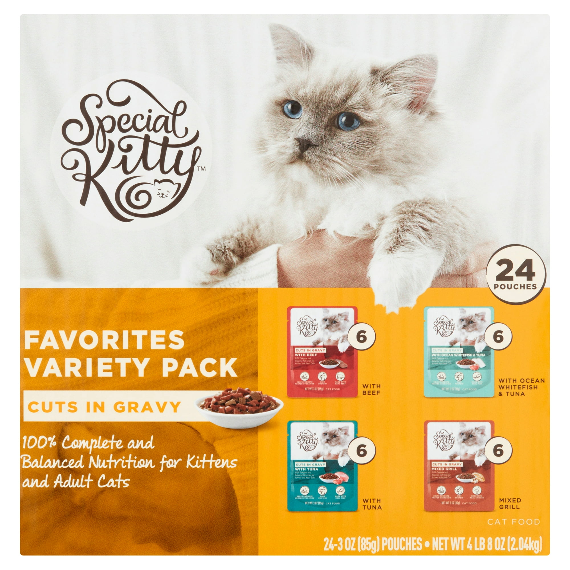 Special Kitty Wet Cat Food Favorites Variety Pack, Beef, Ocean Whitefish and Tuna, and Mixed Grill Cuts in Gravy, 24 Count