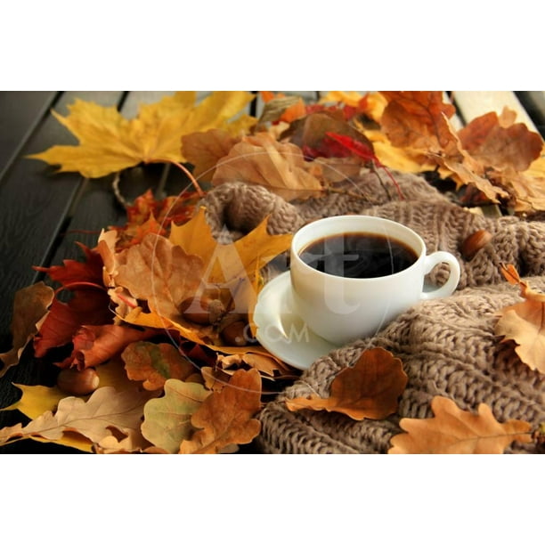 Autumn, Fall Leaves, Hot Steaming Cup of Coffee and a Warm Scarf on Wooden  Table Background Season, Unframed Photographic Print Wall Art by sunfe Sold  by ArtCom 
