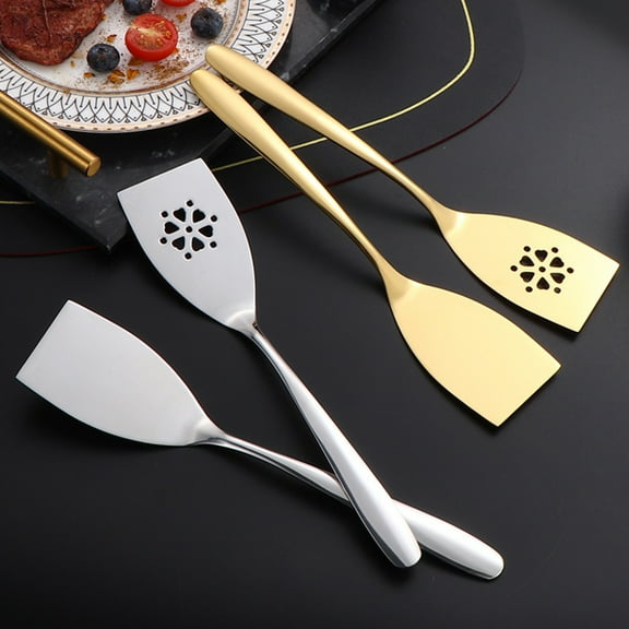 Professional BBQ Stainless Steel Spatula Turner 9.8" Long Handle Kitchen Utensil - Heavy Duty 304 Grade Metal Grilling Tool for Steak, Meat, Fish - Silver/Gold, Heat Resistant Cooking Flipper