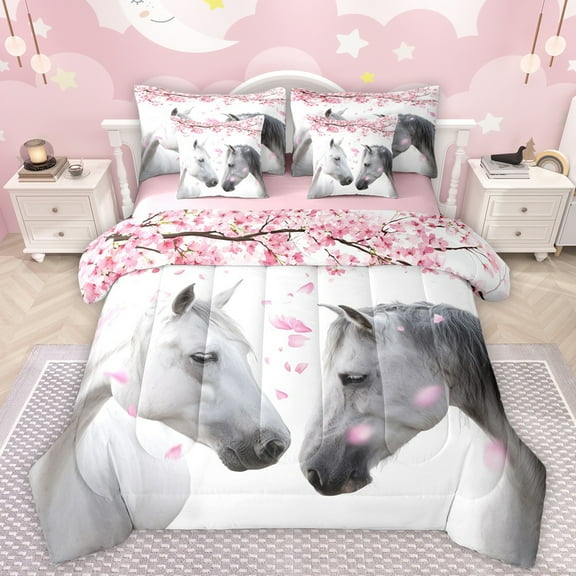 Manfei Pink Cherry Blossom 7-Piece Twin Bedding Sets,Farm Animal Bedding Comforter Set,Country Farmhouse Lodge Sheet Sets For Boys Kids,Super Cozy Room Decor Reversible