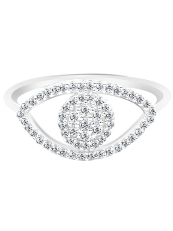Evil Eye Diamond Ring, Pave Set Diamond Engagement Ring, Protective Diamond Ring, 14K White Gold Plated, 1.5 Ct Simulated Diamond, Petite Shank Diamond Ring, Gift Ring For Her