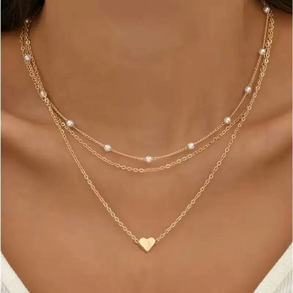 14K Gold Plated Layered Heart Pendant Necklace for Women, Dainty Multi-Strand Choker with Delicate Beaded Chain