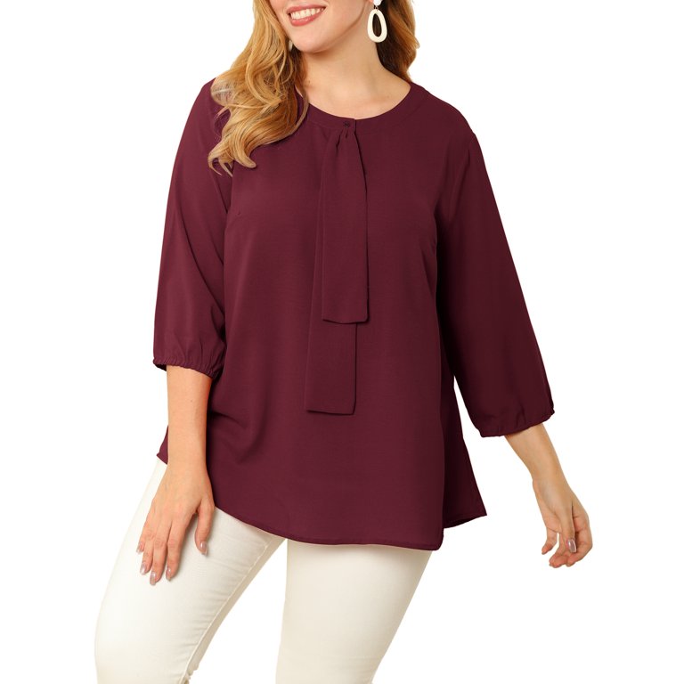 Unique Bargains Women's Plus Size Blouse Round Neck Work Ruffle Chiffon  Tops 