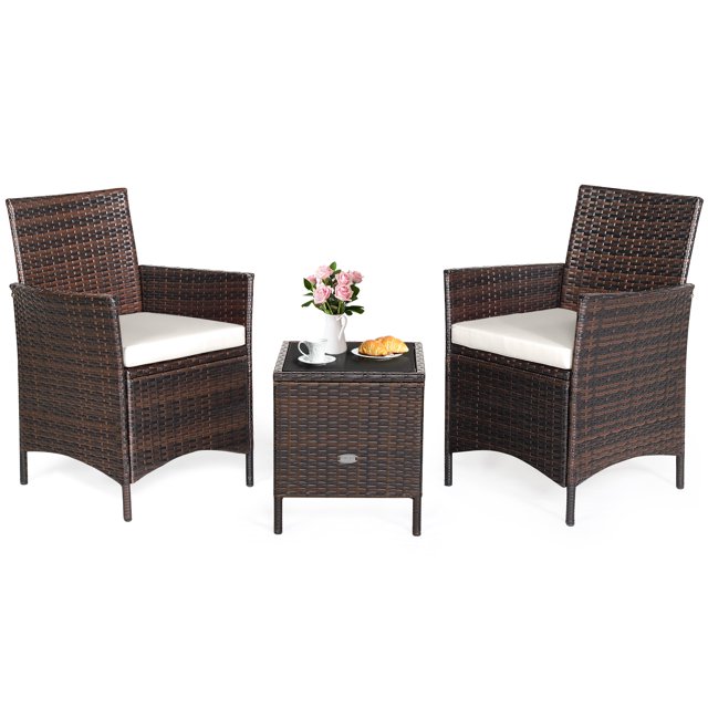 Patiojoy Ensemble de Conversation en Rotin pour Patio 3 Pcs Chaises en Osier avec Table à Café et Coussins Blanc