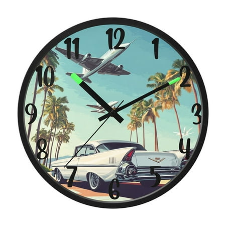 RMDQTR 12 Inch Sound-Activated LED Night Light Wall Clock Silent Sweep Movement Acrylic Face Battery-Operated for Bedroom/Living Room/School / A Classic Car