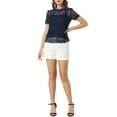 thumbnail image 3 of MODA NOVA Junior's Scalloped Trim Short Shirred Sleeves Sheer Floral Lace Blouse Navy Blue L, 3 of 6