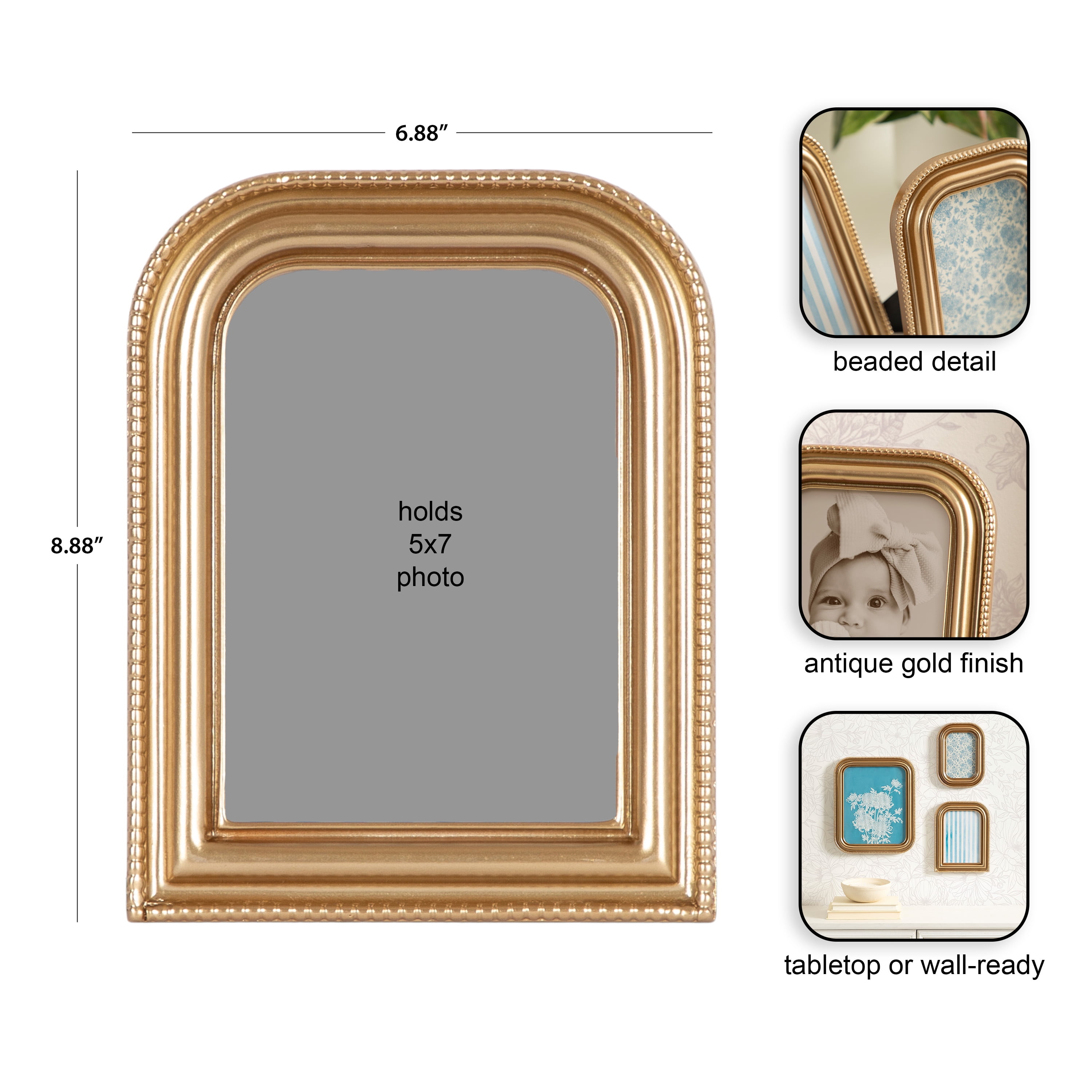 DesignOvation – 5x7 Picture Frame – Beaded Arch Gold Tabletop Photo Frame