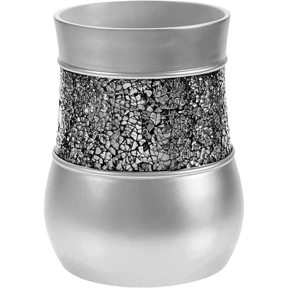 Crackled Glass Silver Small Bathroom Trash Can, 2.06 Gal / 7.8L Decorative Wastebasket for Bathroom, Powder Room, or Bedroom, Durable Mini Waste Basket with Crackled Glass Design