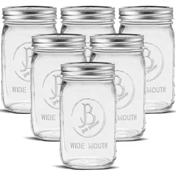 Wide Mouth Mason Jars 32 oz - (6 Pack) - Clear Glass Quart Mason Jars With Airtight Lids and Bands
