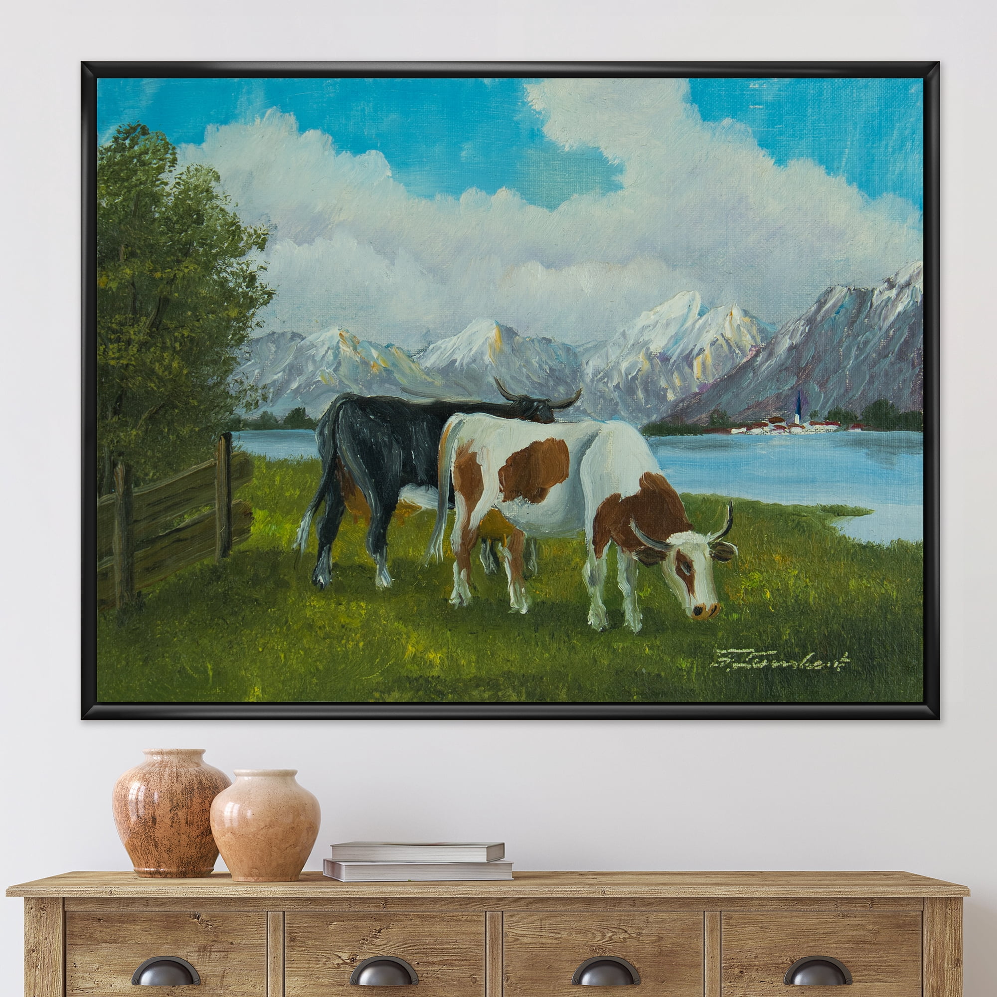 Designart 'Cows Eating Grass In Front Of A Lake' Farmhouse Framed Canvas Wall Art Print