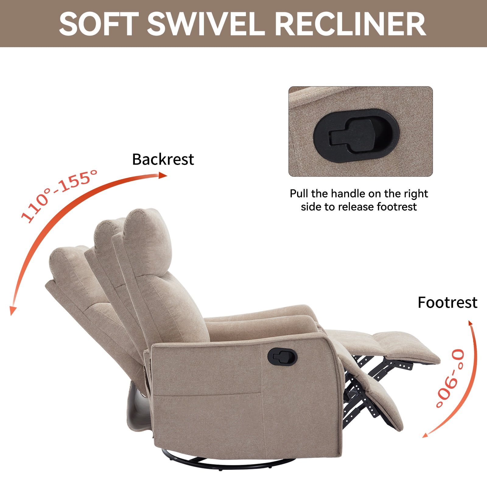 Holaki Manual Swivel Rocker Recliner Chair, 360° Swivel Recliner with Massage and Heat, Chenille Rocker Recliner Nursery Glider Chair with Side Pockets, Lumbar Support for Living Room, Khaki