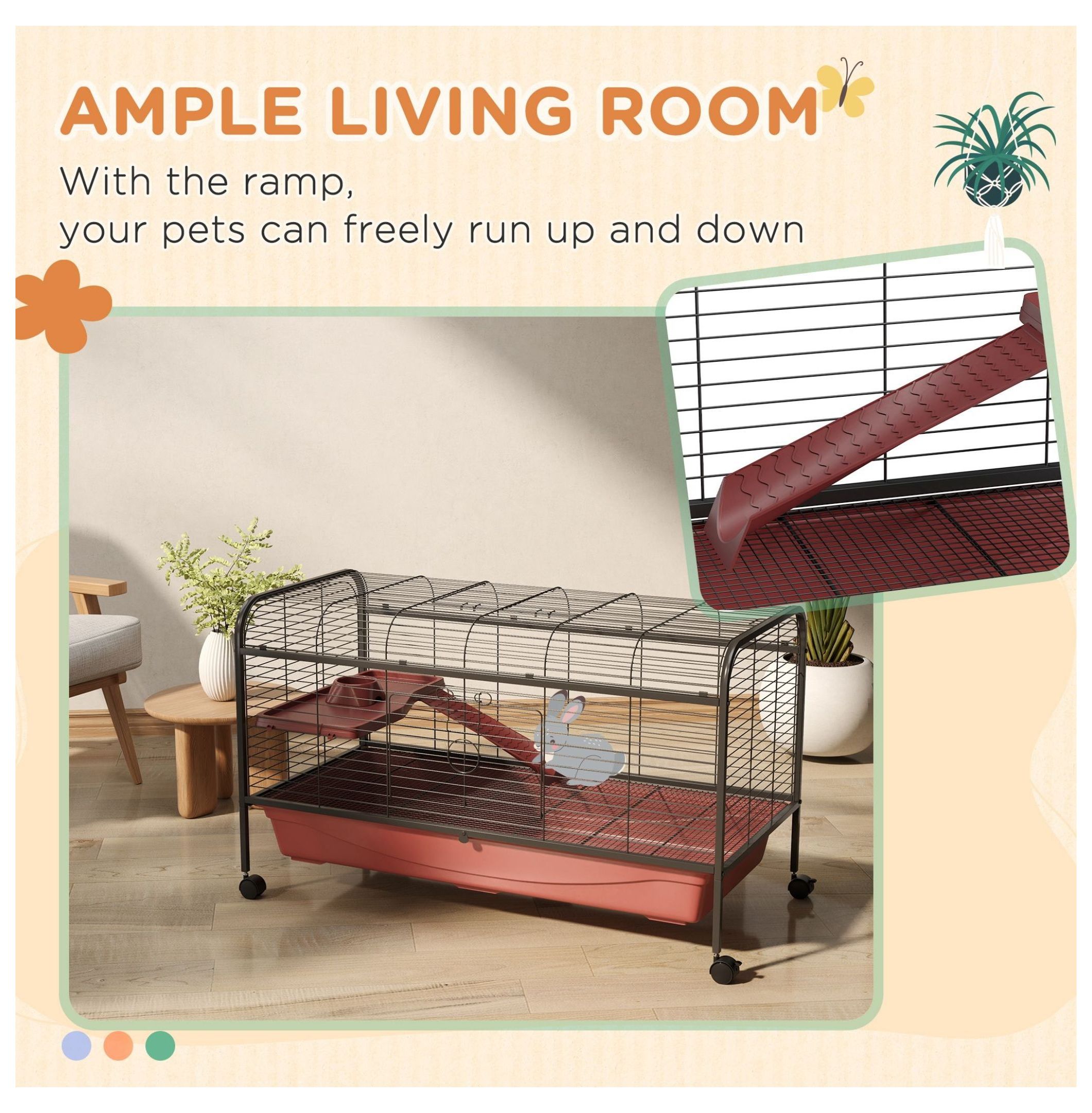 "L Small Animal Cage, Pet Play House for Rabbit Hutch with Feeder, Rolling Wheels, Platform, Ramp