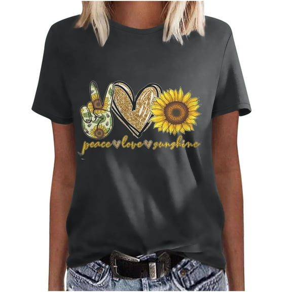 Lilgiuy Sales Women Peace Love Sunshine Letter Shirt Summer Short Sleeve Top Sunflower Print Casual Crewneck T-Shirt Soft Blouse Tee