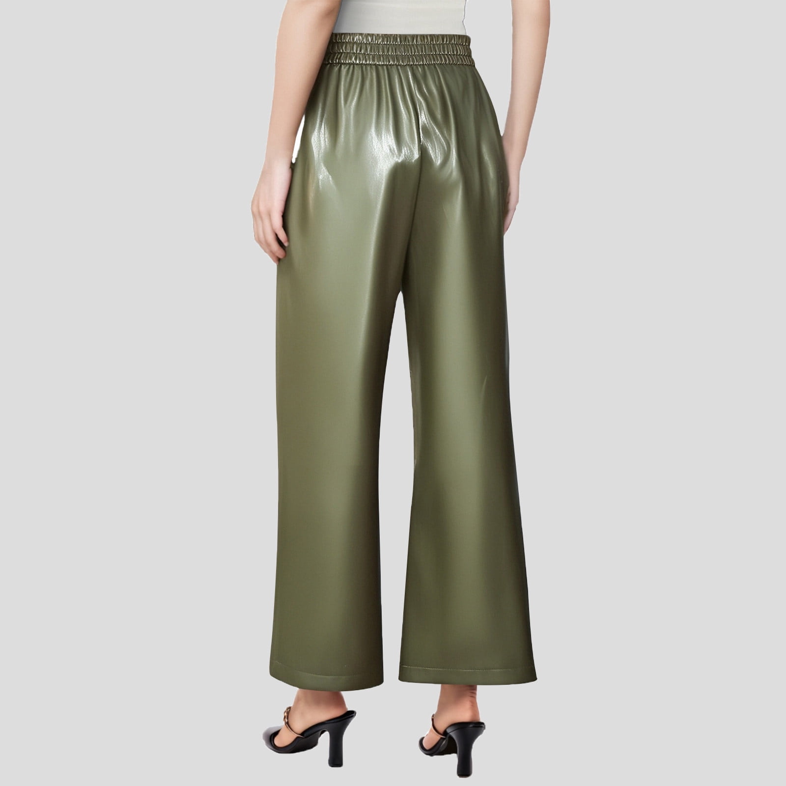 JGGSPWM High-Waist Wide Leg Pants with Belt for Women Sleek Faux Leather Trousers Army Green 2XL
