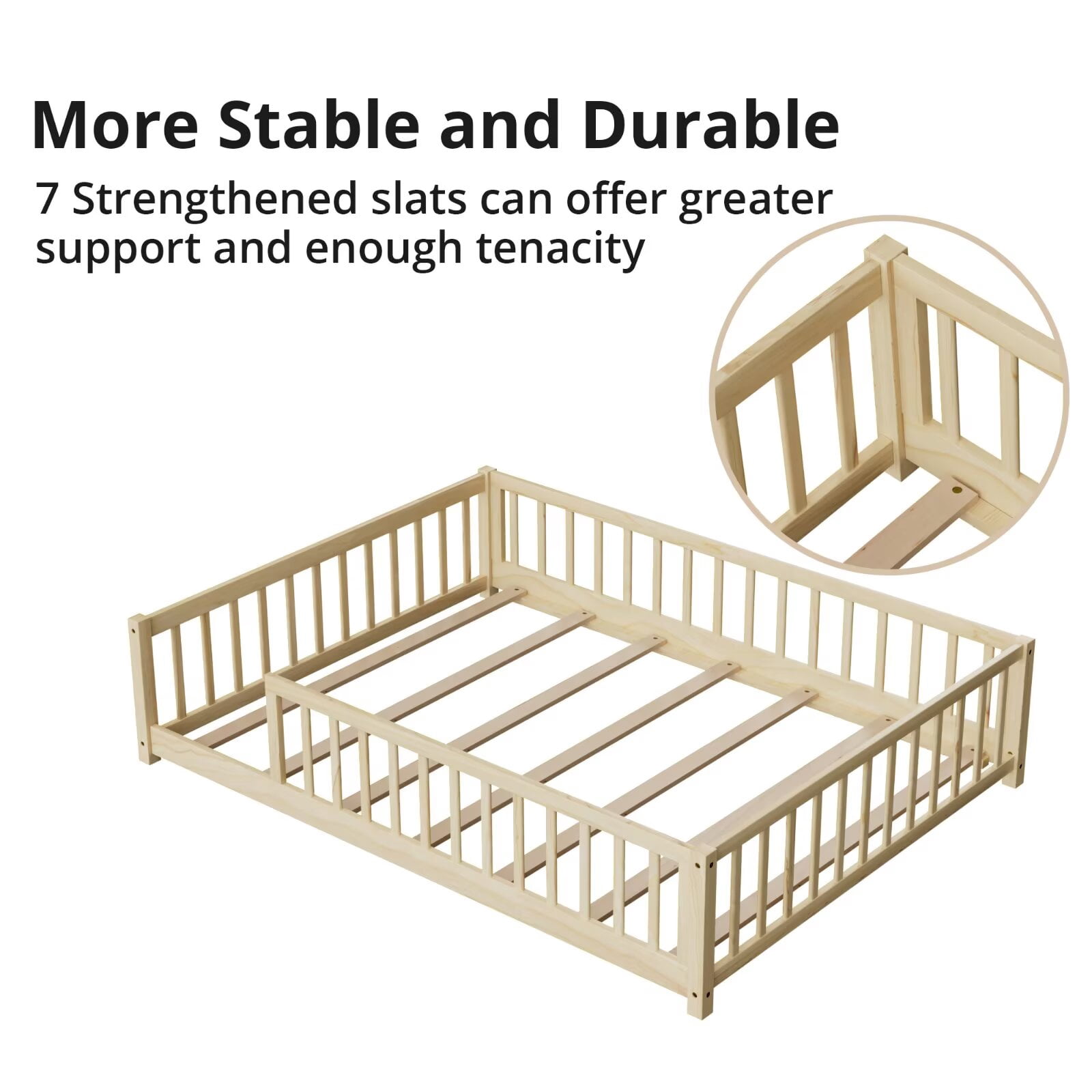 Full Floor Bed for Kids Toddlers, Multifunctional Montessori Bed Frame with Safety Guardrails and Wood Slats, Without Door, Easy Assemble, Natural