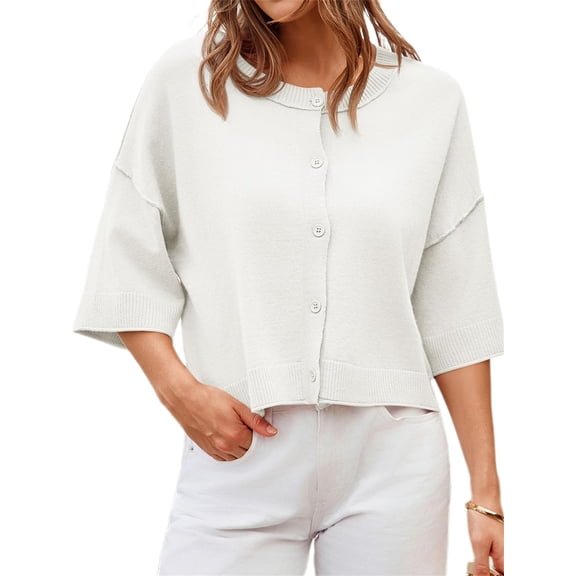 Half Sleeve Womens Knit Outfits Cropped Button Down Tops Oversized Lightweight Ribbed Knit Cardigan Sweaters