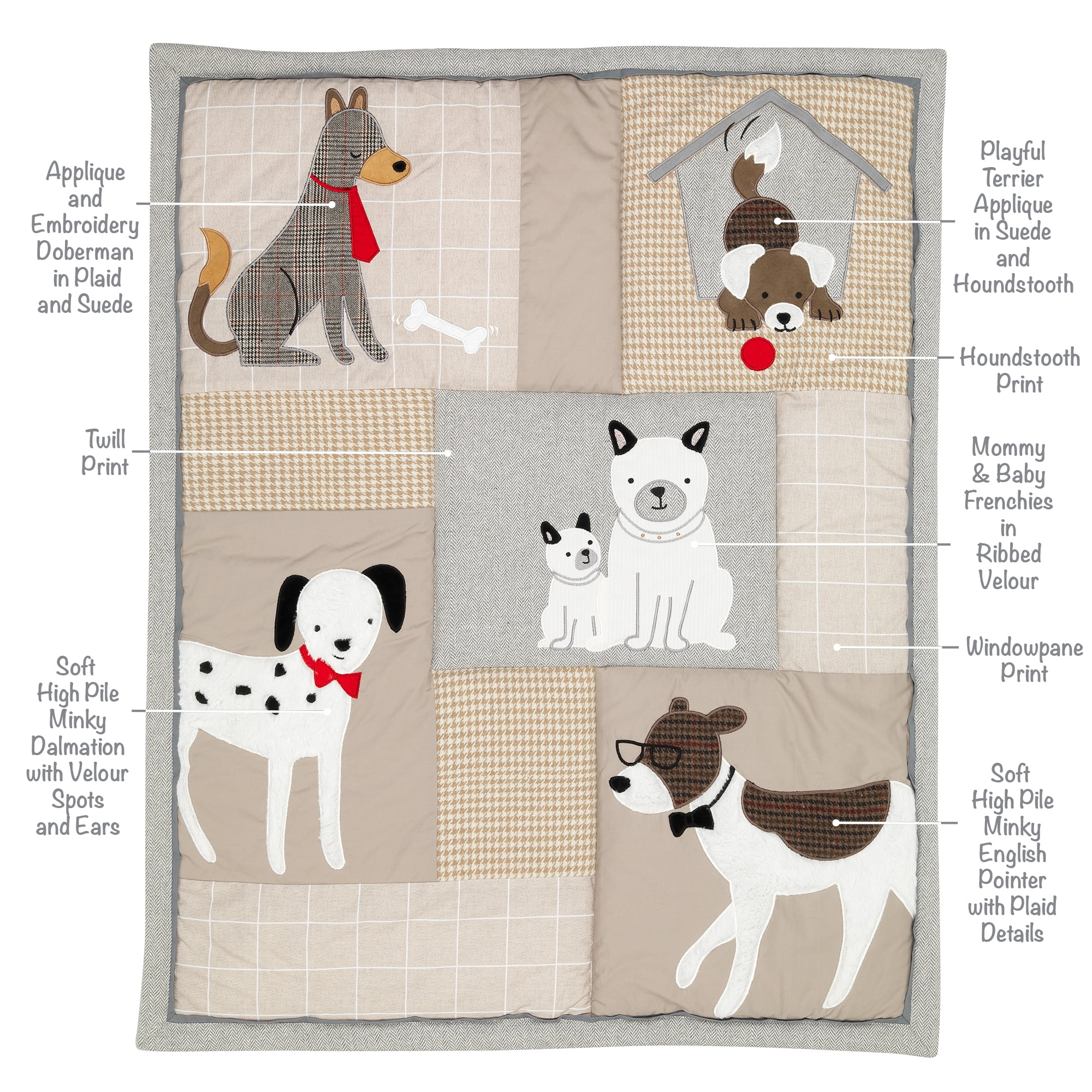 Lambs Ivy Bow Wow Gray Tan Dog Puppy Nursery 3 Piece Baby Crib