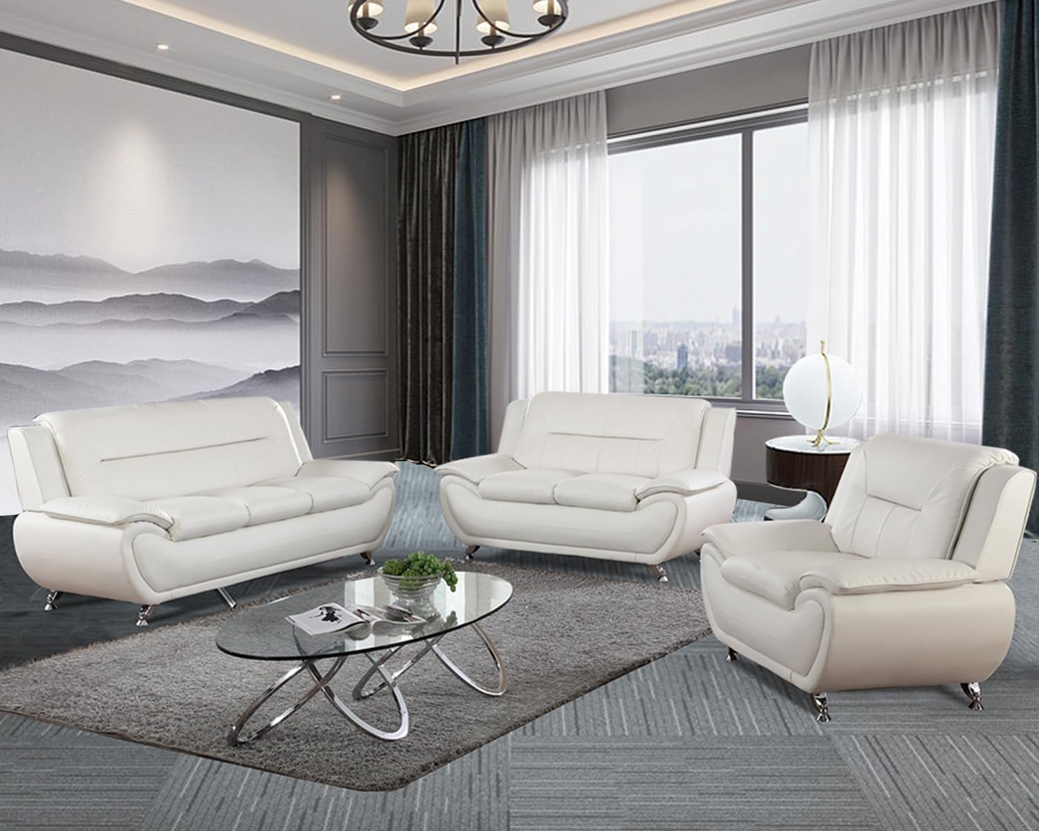 3 Piece Living Room Furniture Set, Leather Sofa Set for Living Room, Modern Couch Set with 3-Seater Sofa, Loveseat and Armchair (Cream White)