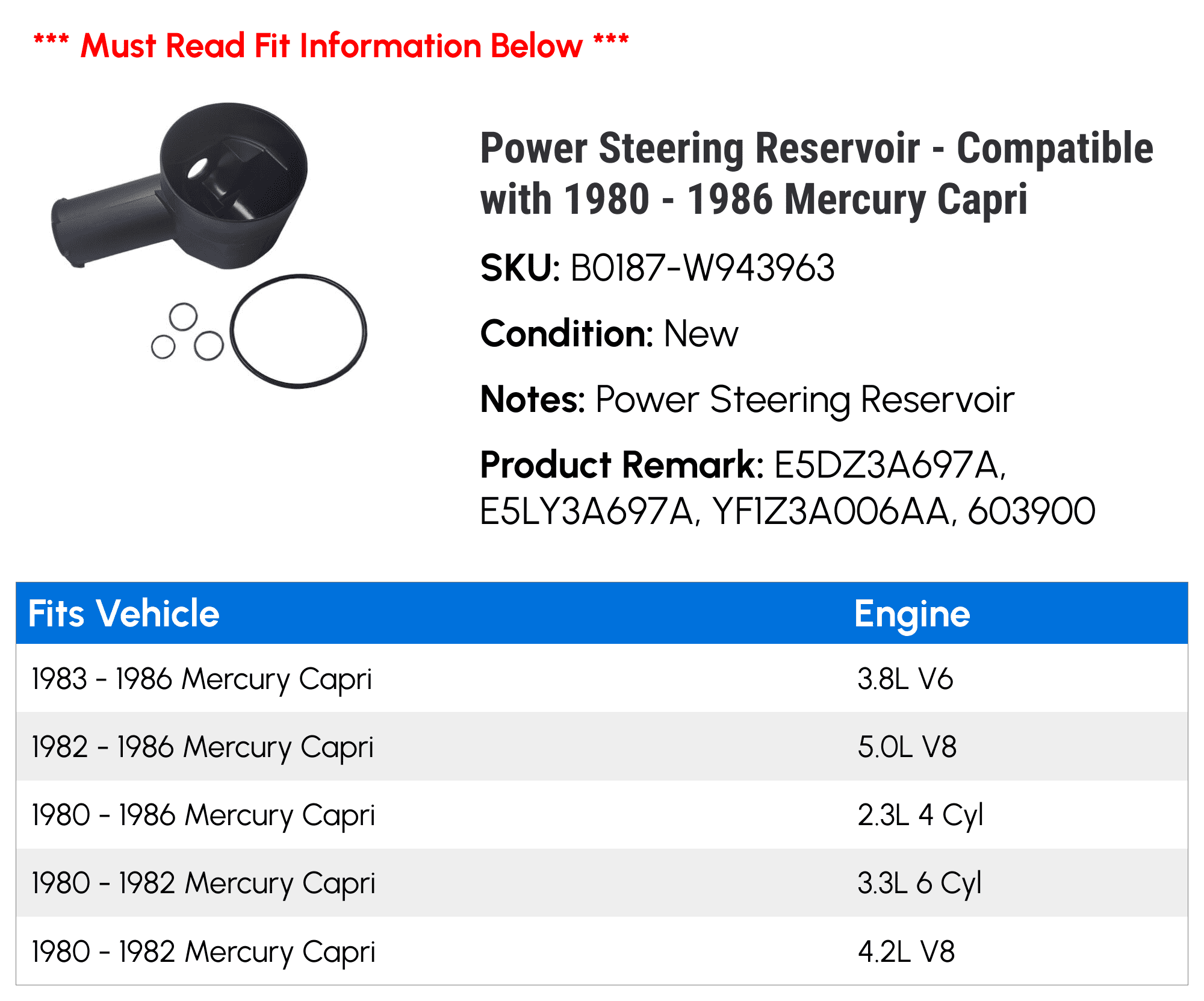 Power Steering Reservoir - Compatible with 1980 - 1986 Mercury Capri 1981 1982 1983 1984 1985
