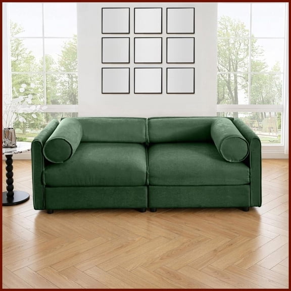 Modern Green Chenille 2-Seater Loveseat with Storage - Cylindrical Backrest for Living Room Comfort